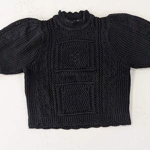 AUTUMN CASHMERE Puff Sleeve Tile Stitch Mock Neck Cotton Sweater Black M New